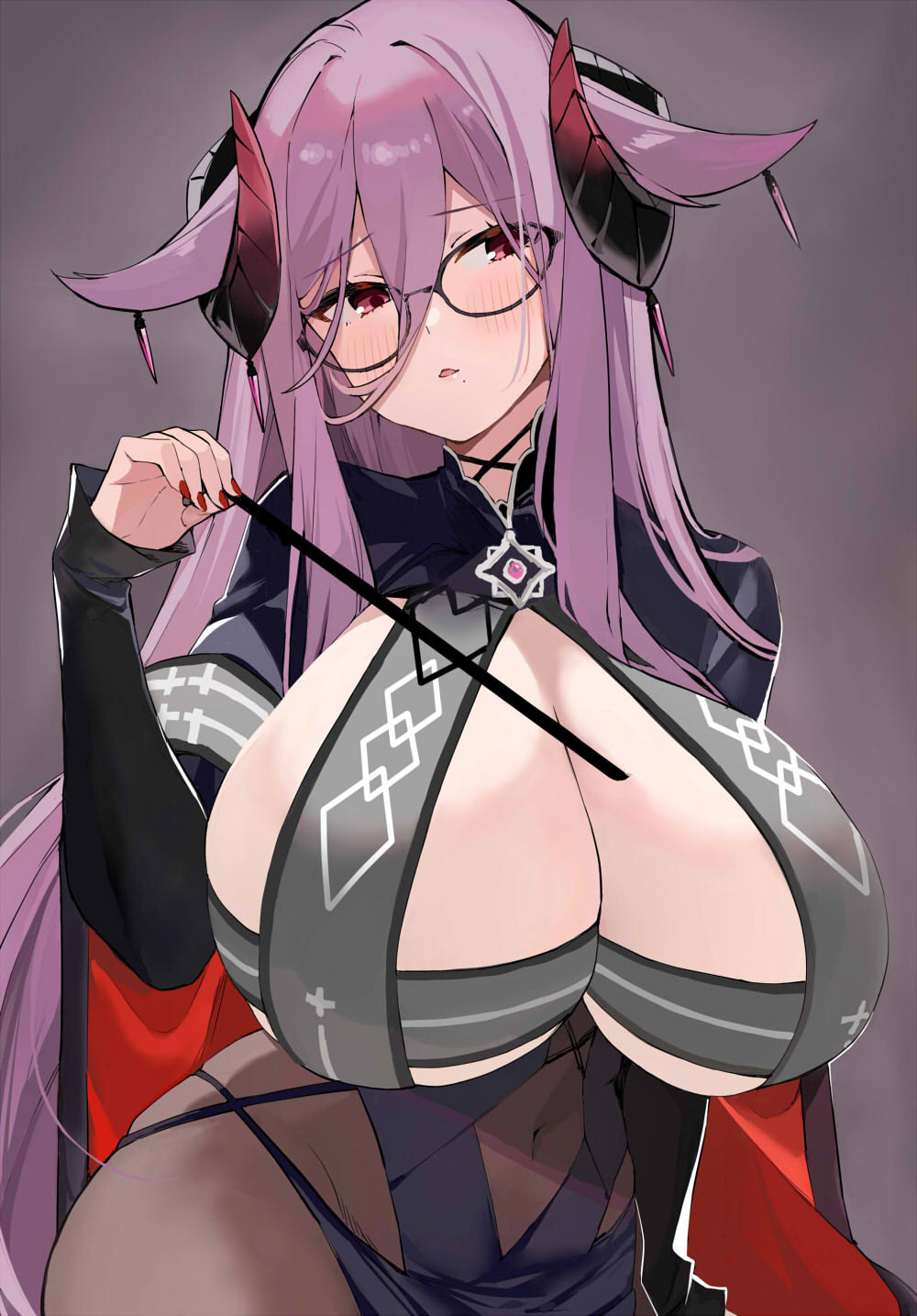 1girl azur_lane black-framed_eyewear black_horns blush breasts covered_navel curled_horns friedrich_carl_(azur_lane) grey_background groin highres horns huge_breasts long_bangs long_hair looking_at_viewer misato_pic mole mole_under_mouth nail_polish parted_lips purple_hair red_eyes red_nails simple_background solo upper_body very_long_hair