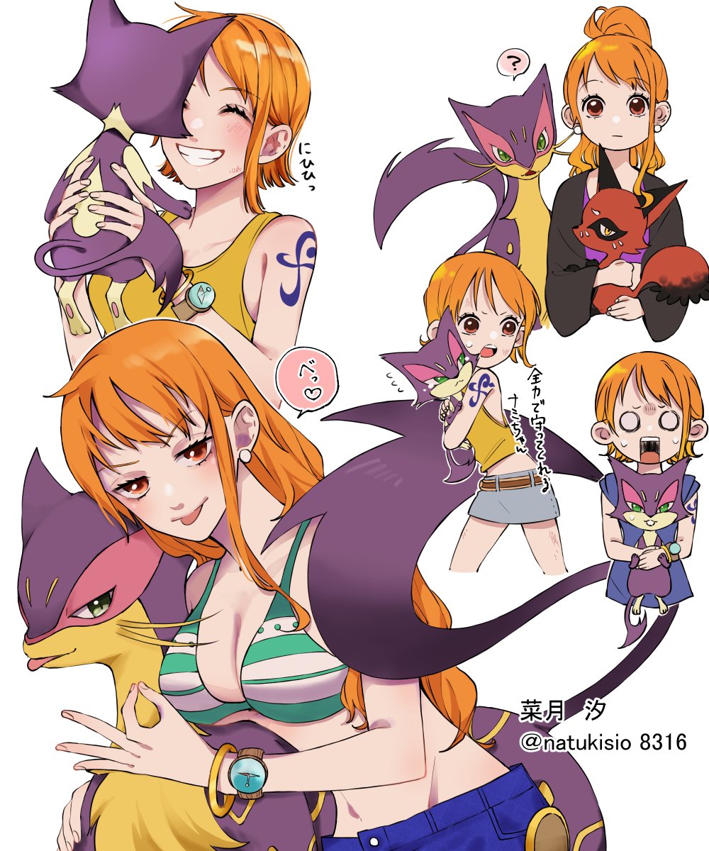 ? alternate_hairstyle animal_ears bikini bikini_top_only blush bracelet carrying cat cat_ears cat_tail crossover earrings evolutionary_line fox_ears gen_5_pokemon gen_8_pokemon gold_bracelet green_bikini grin heart high_ponytail highres hug jewelry liepard long_hair multiple_others nami_(one_piece) nami_(one_piece)_(return_to_sabaody) natsuki_shio naughty_face navel nickit nintendo no_shirt ok_sign one_piece orange_eyes orange_hair panties pokemon ponytail purrloin short_hair shoulder_tattoo size_difference skirt smile speech_bubble swimsuit tail tattoo timeskip tongue tongue_out translation_request twitter_username underwear very_long_hair