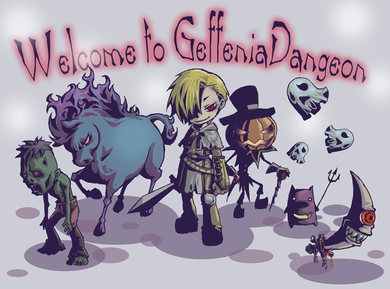 1other 2boys 47lgm asymmetrical_bangs black_hat blonde_hair brown_gloves brown_shirt brown_shorts closed_mouth colored_skin creature demon deviruchi doppelganger_(ragnarok_online) english_text full_body ghost gloves green_skin grey_background grin hair_over_one_eye hat holding holding_pitchfork holding_sword holding_weapon horse jack-o&#039;-lantern_head jakk_(ragnarok_online) living_weapon long_sleeves looking_at_viewer multiple_boys nightmare_(ragnarok_online) ogretooth pitchfork ragnarok_online red_eyes sheet_ghost shirt short_hair shorts simple_background smile standing sword swordsman_(ragnarok_online) weapon whisper_(ragnarok_online) zombie zombie_(ragnarok_online)