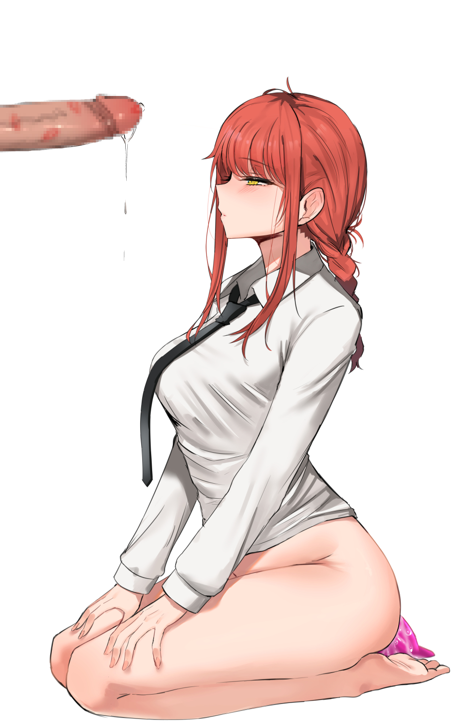 1boy 1girl after_fellatio aftersex bare_legs barefoot black_necktie blush bottomless braid braided_ponytail breasts censored chainsaw_man closed_mouth collared_shirt cum cumdrip dress_shirt erection from_side full_body half-closed_eyes highres large_breasts lips lipstick_mark lipstick_mark_on_penis long_sleeves looking_at_penis makima_(chainsaw_man) medium_hair mikafen mosaic_censoring necktie out_of_frame penis penis_awe precum profile red_hair ringed_eyes seiza sex_toy shirt sidelocks simple_background sitting solo_focus thighs white_background white_shirt wing_collar yellow_eyes