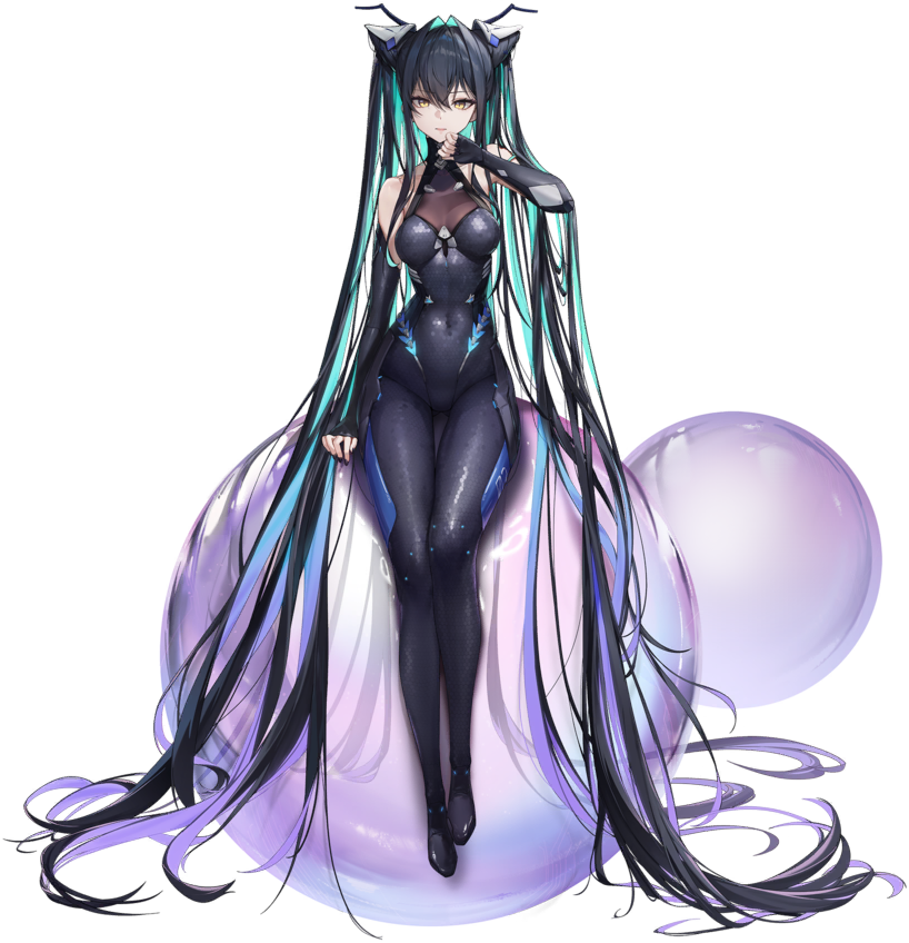 1girl bare_shoulders black_hair bodysuit breasts bubble covered_navel eyeliner fingerless_gloves full_body gloves goddess_of_victory:_nikke hair_intakes hair_ornament halterneck little_mermaid_(nikke) long_hair makeup multicolored_hair non-web_source official_art old_tales_(nikke) sitting streaked_hair thigh_gap thighs third-party_source twintails very_long_hair yellow_eyes