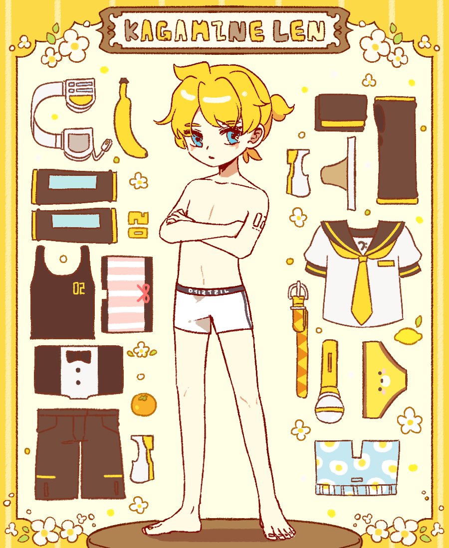 1boy animal_print arm_tattoo arm_warmers bad_id bad_twitter_id banana bass_clef bear_print belt black_bow black_shorts black_sleeves black_tank_top blonde_hair blouse blue_boxers blue_eyes blue_male_underwear bow bowtie boxer_briefs boxers boxers_removed briefs briefs_removed character_name commentary crossed_arms detached_sleeves egg_print equipment_layout flower food food_print formal_clothes fruit full_body headphones headphones_removed headset jockstrap kagamine_len korean_commentary leg_warmers lemon looking_at_viewer male_focus male_swimwear male_swimwear_removed male_underwear melling_rl microphone multicolored_male_swimwear multicolored_swim_trunks neckerchief necktie one-piece_swimsuit orange_(fruit) pants pink_swim_trunks ponytail print_boxers print_briefs print_male_swimwear print_male_underwear print_swim_trunks print_swimsuit school_uniform serafuku shirt shoes short_ponytail short_shorts short_sleeves shorts shoulder_tattoo sideways_glance solo spiked_hair standing striped_clothes striped_male_swimwear striped_male_underwear striped_one-piece_swimsuit striped_swim_trunks suit swim_trunks swimsuit tank_top tattoo topless_male underwear unworn_belt unworn_bowtie unworn_clothes unworn_male_underwear unworn_neckerchief unworn_neckwear unworn_pants unworn_shirt unworn_shoes unworn_shorts unworn_sleeves vertical-striped_clothes vertical-striped_male_swimwear vertical-striped_one-piece_swimsuit vocaloid white_boxer_briefs white_male_underwear white_shirt white_shoes white_swim_trunks yellow_background yellow_briefs yellow_necktie