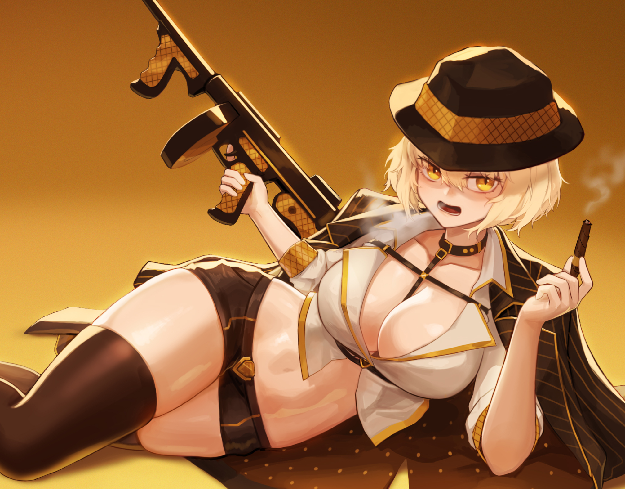 1girl between_breasts black_collar black_hat black_jacket black_shorts black_thighhighs blonde_hair breasts chest_harness cigar cleavage collar crop_top curvy drum_magazine elbow_rest fedora gold_trim gun hair_between_eyes harness hat he-ro_(vtuber) highres holding holding_cigar holding_gun holding_weapon indie_virtual_youtuber jacket jacket_on_shoulders large_breasts looking_at_viewer lying mafia magazine_(weapon) mistcastle navel on_side open_mouth pinstripe_jacket pinstripe_pattern pinstripe_shorts shirt short_hair short_shorts shorts smoke smoking solo stomach submachine_gun thick_thighs thighhighs thighs thompson_submachine_gun virtual_youtuber weapon white_shirt wing_collar yellow_eyes
