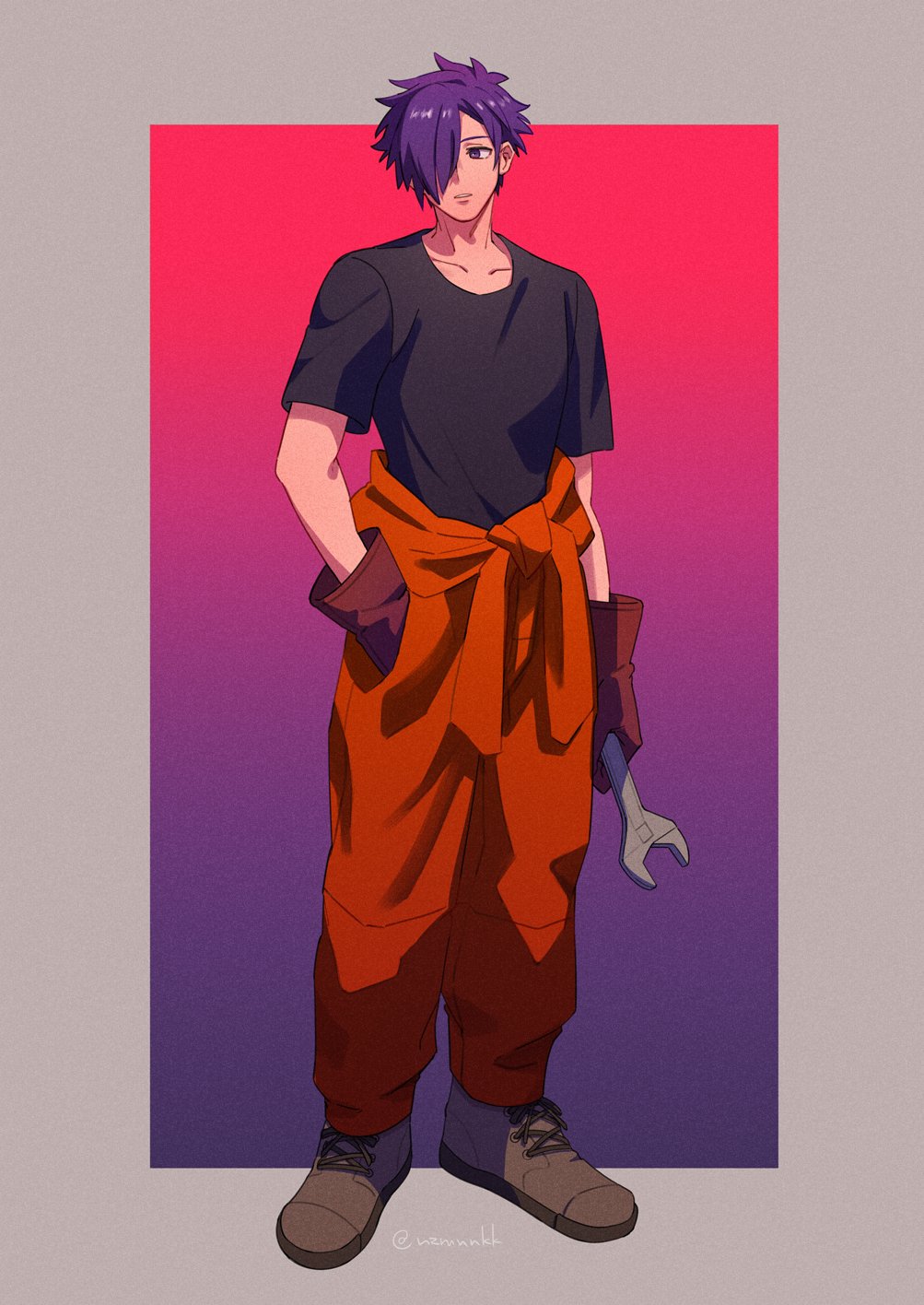 1boy black_shirt brown_gloves brown_shoes closed_mouth commentary_request crew_neck fire_emblem fire_emblem:_three_houses fire_emblem_warriors:_three_hopes full_body gloves hair_over_one_eye hand_in_pocket highres holding holding_wrench jumpsuit jumpsuit_around_waist looking_to_the_side male_focus male_shez_(fire_emblem) nintendo nzmnnkk one_eye_covered purple_eyes purple_hair red_jumpsuit shirt shoelaces shoes short_hair short_sleeves sideways_glance standing t-shirt twitter_username wrench