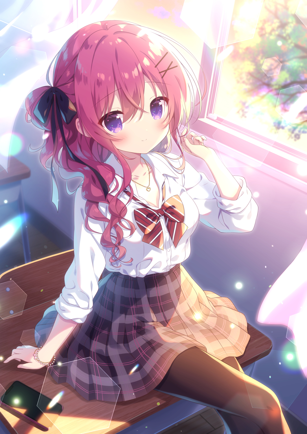 1girl black_pantyhose black_ribbon bow bowtie bracelet breasts cellphone classroom collared_shirt commentary_request day desk hair_bun hair_ornament hair_over_shoulder hair_ribbon highres jewelry kamishiro_piyo long_hair long_sleeves looking_at_viewer nail_polish on_desk original pantyhose phone pink_nails plaid_clothes plaid_skirt purple_eyes purple_skirt red_hair ribbon school_desk school_uniform shirt single_hair_bun sitting skirt sleeves_rolled_up small_breasts smartphone smile solo white_shirt window x_hair_ornament