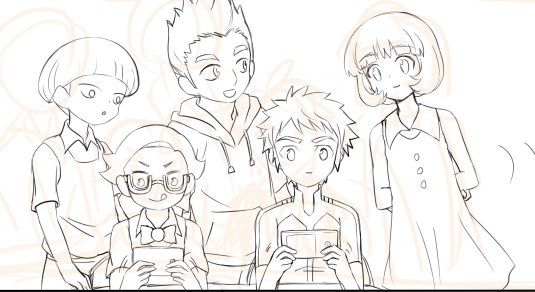 1girl 4boys digimon glasses kashiki_ai multiple_boys ozora_yujin short_hair smile tongue tongue_out wato_takeru