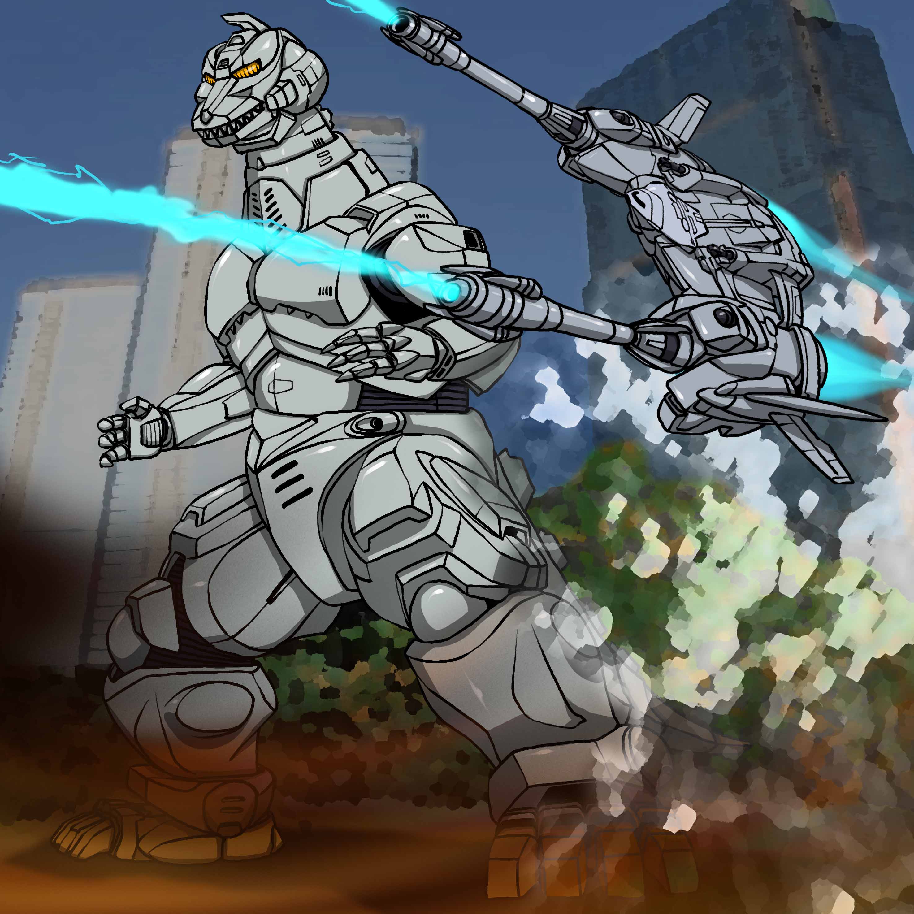 absurdres aircraft alien building cannon city dinosaur directed-energy_weapon dust energy energy_beam energy_cannon energy_weapon exhaust fire flying full_body g-force garuda_(godzilla) godzilla_(series) godzilla_vs._mechagodzilla_ii highres hirodango japan_self-defense_force kaiju maser maser_beam maser_cannon mecha mechagodzilla military military_vehicle robot skyscraper tail toho tree united_nations_godzilla_countermeasure_center weapon