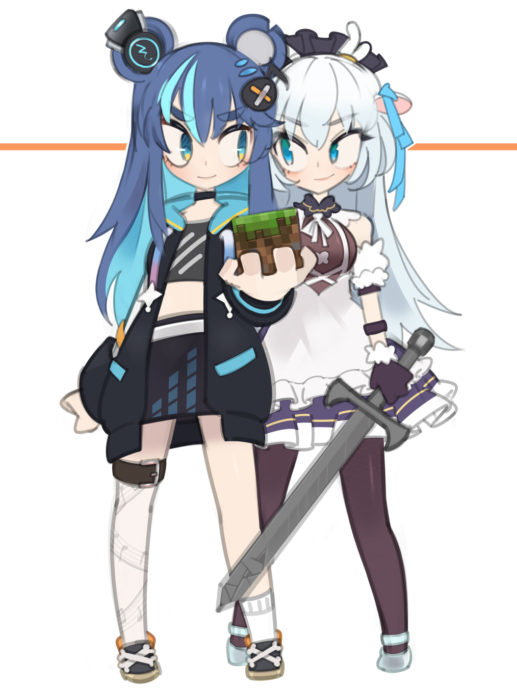 2girls animal_ears antlers bear_ears bear_girl black_jacket black_legwear blue_eyes blue_hair blush breasts colored_inner_hair dress fujikura_uruka fujikura_uruka_(1st_costume) hakushika_iori highres holding holding_sword holding_weapon hood hooded_jacket horns jacket looking_at_another looking_to_the_side maid_headdress medium_breasts multicolored_hair multiple_girls onionsketch pantyhose phase_connect silver_hair single_thighhigh smile strapless streaked_hair sword thighhighs tube_top virtual_youtuber weapon white_background white_dress white_legwear