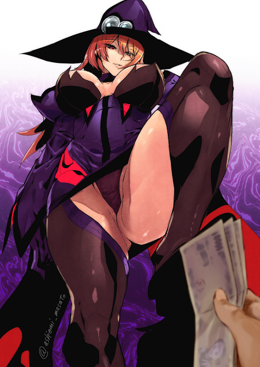 1girl ashiomi_masato blazblue blazblue:_central_fiction blurry breasts female_focus femdom findom from_below hat huge_breasts konoe_a._mercury money red_hair silhouette solo thighhighs witch_hat