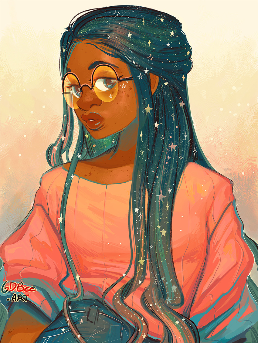 1girl adobe_fresco artist_name black-framed_eyewear blue_eyes blue_hair commentary dark-skinned_female dark_skin english_commentary freckles geneva_bowers gradient_background long_hair looking_at_viewer original pink_shirt round_eyewear shirt simple_background solo star_(symbol) tinted_eyewear watermark yellow-tinted_eyewear