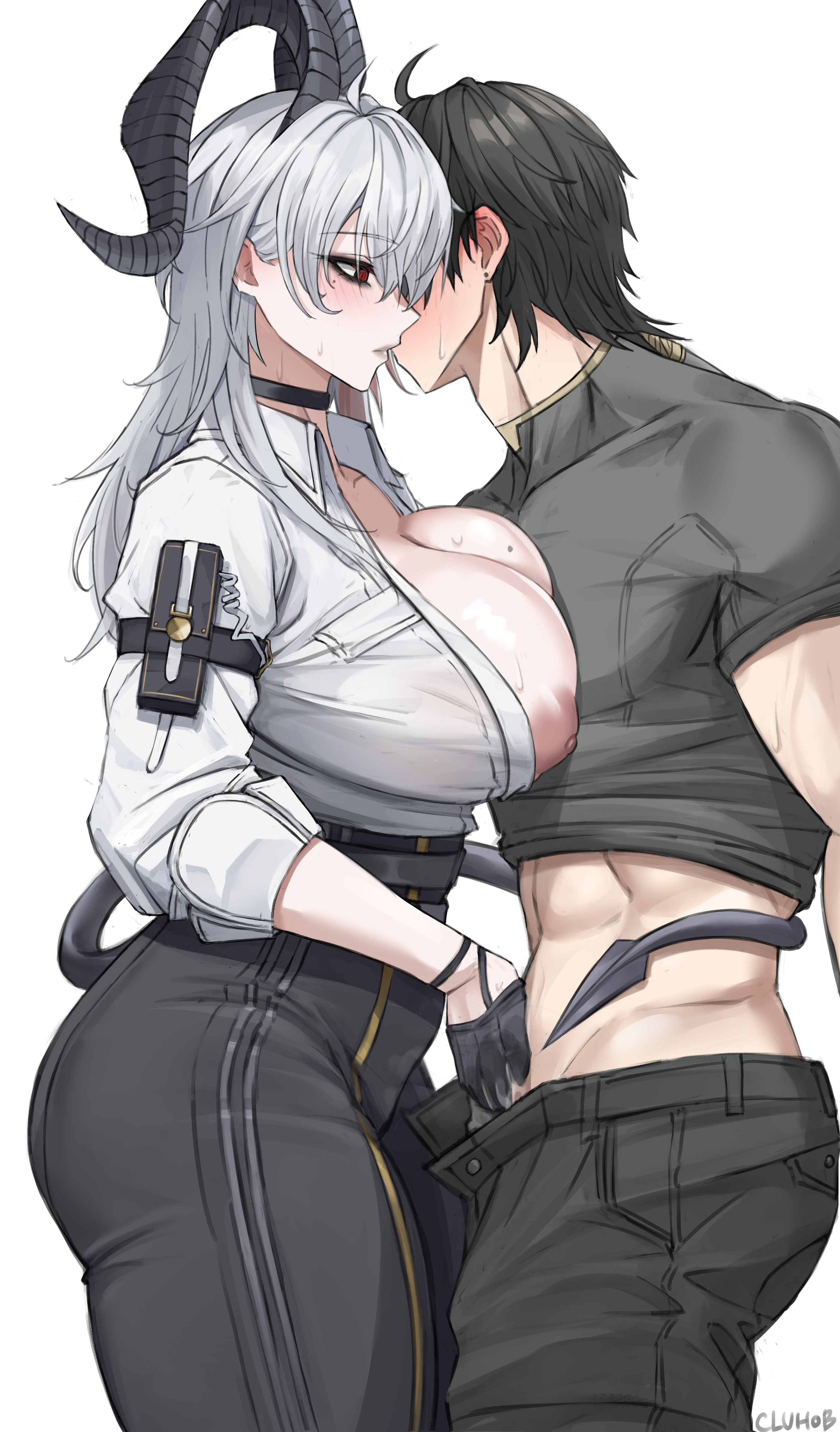 1boy 1girl absurdres arm_pouch black_choker black_hair black_horns black_pants black_pouch black_tail blush breasts choker closed_mouth cluhob collared_shirt commentary curled_horns demon_tail from_side grey_hair grey_shirt hand_on_another's_crotch high-waist_pants highres horns large_breasts long_hair male_rover_(wuthering_waves) mole mole_on_breast nipples open_fly pants red_eyes rover_(wuthering_waves) shirt shirt_tucked_in simple_background sweat tail tail_wrap tight_clothes tight_pants toned toned_male white_background white_shirt wuthering_waves zani_(wuthering_waves)