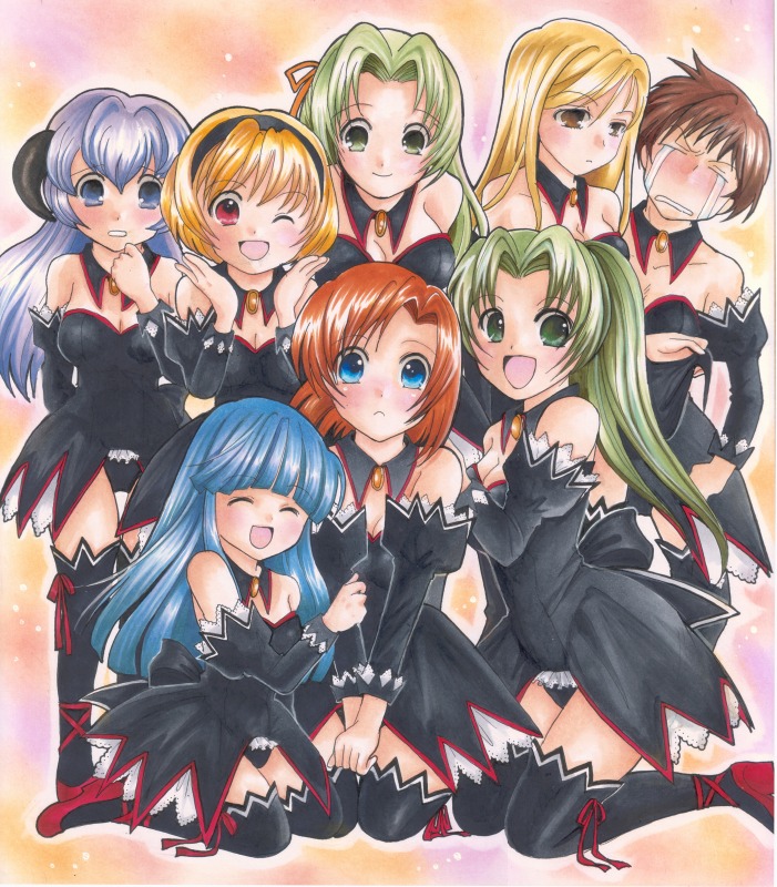 00s 1boy 6+girls angel_mort bad_id bad_pixiv_id blonde_hair blue_eyes blue_hair blush breasts brown_eyes brown_hair cleavage closed_eyes crossdressing detached_collar dress everyone furude_rika gintarou_(puipuiginta) green_eyes green_hair hairband hanyuu higurashi_no_naku_koro_ni horns houjou_satoko maebara_keiichi medium_breasts multiple_girls open_mouth orange_hair purple_eyes purple_hair red_eyes red_hair ryuuguu_rena siblings sisters small_breasts sonozaki_mion sonozaki_shion takano_miyo tears thighhighs trap twins zettai_ryouiki