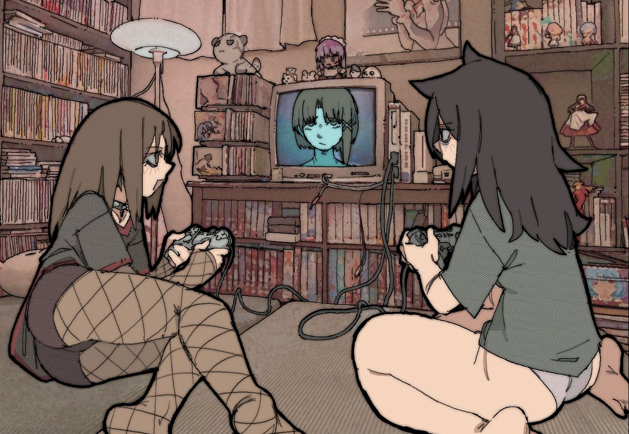3girls alternate_costume ayanami_rei azumanga_daiou black_hair black_shirt black_shorts bocchi_the_rock! book bookshelf brown_eyes brown_hair collar controller crt curtains eyeshadow figure fishnet_pantyhose fishnet_sleeves fishnets frown full_body fumo_(doll) game_console game_controller goth_fashion gotoh_hitori green_shirt hair_ornament hairclip holding holding_controller holding_game_controller indoors iwakura_lain kasuga_ayumu kuroki_tomoko lamp light_frown long_hair looking_at_another makeup mayaa_(azumanga_daioh) multiple_girls neon_genesis_evangelion no_shoes on_bed open_mouth panties pantsu-ripper pantyhose playstation_2 playstation_controller poster_(object) serial_experiments_lain shirt short_hair shorts smile sony souryuu_asuka_langley spiked spiked_collar spikes stuffed_animal stuffed_toy television thighs underwear upper_body watashi_ga_motenai_no_wa_dou_kangaetemo_omaera_ga_warui! white_panties
