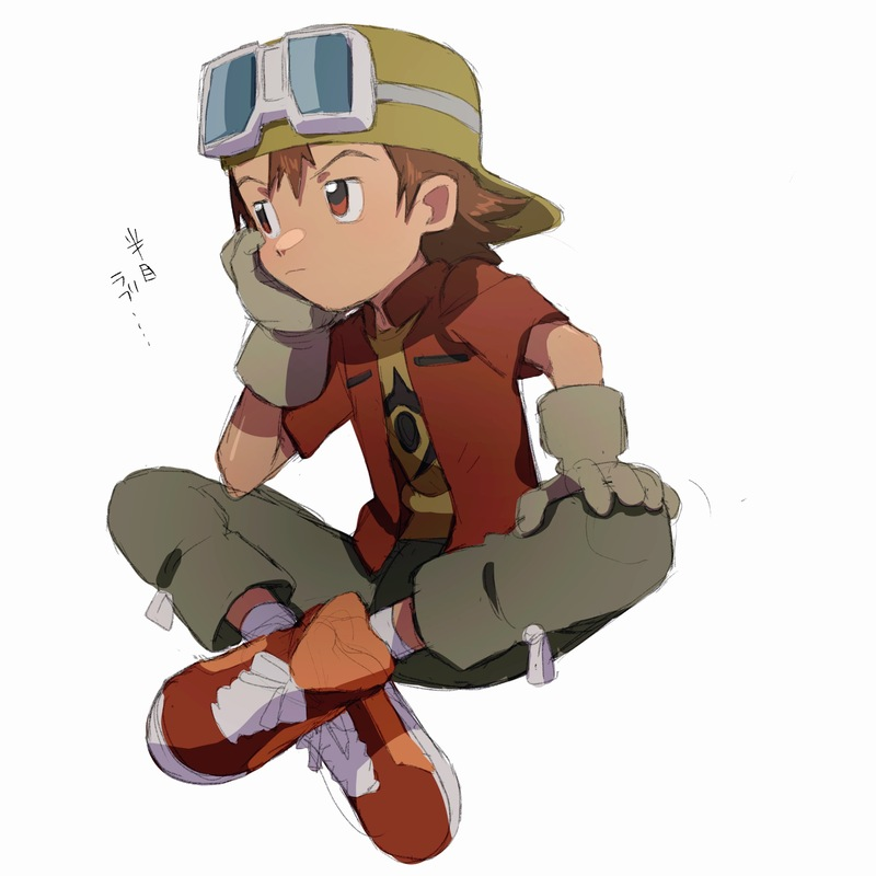 1boy backwards_hat child closed_mouth crossed_legs digimon digimon_frontier gloves goggles goggles_on_head green_gloves hand_on_own_face hat jacket kanbara_takuya male_focus red_eyes red_footwear red_jacket simple_background solo takeda_conomi translation_request unamused white_background