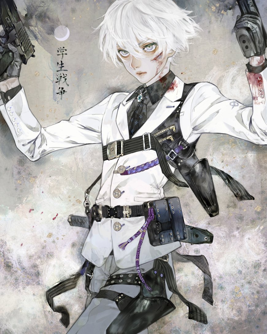 1boy belt black_gloves black_shirt blood blood_on_clothes blood_on_face blood_stain bruise buckle buttons crossdraw_holster cuts dirty dirty_clothes dual_wielding formal_clothes gloves grey_eyes gun handgun holding holding_gun holding_weapon holster injury jacket leather leather_gloves lips male_focus necktie nishihara_isao original pale_skin scabbard sheath sheathed shirt short_hair short_sword shoulder_holster solo strap suit sword thigh_holster translated utility_belt weapon white_hair white_jacket