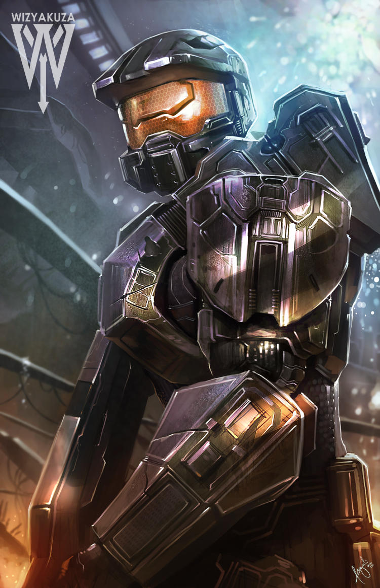 1boy artist_name assault_rifle assault_visor bullpup commentary commission english_commentary green_helmet gun halo_(series) halo_4 helmet logo looking_ahead ma5 male_focus master_chief rifle science_fiction solo spartan_(halo) weapon wizyakuza