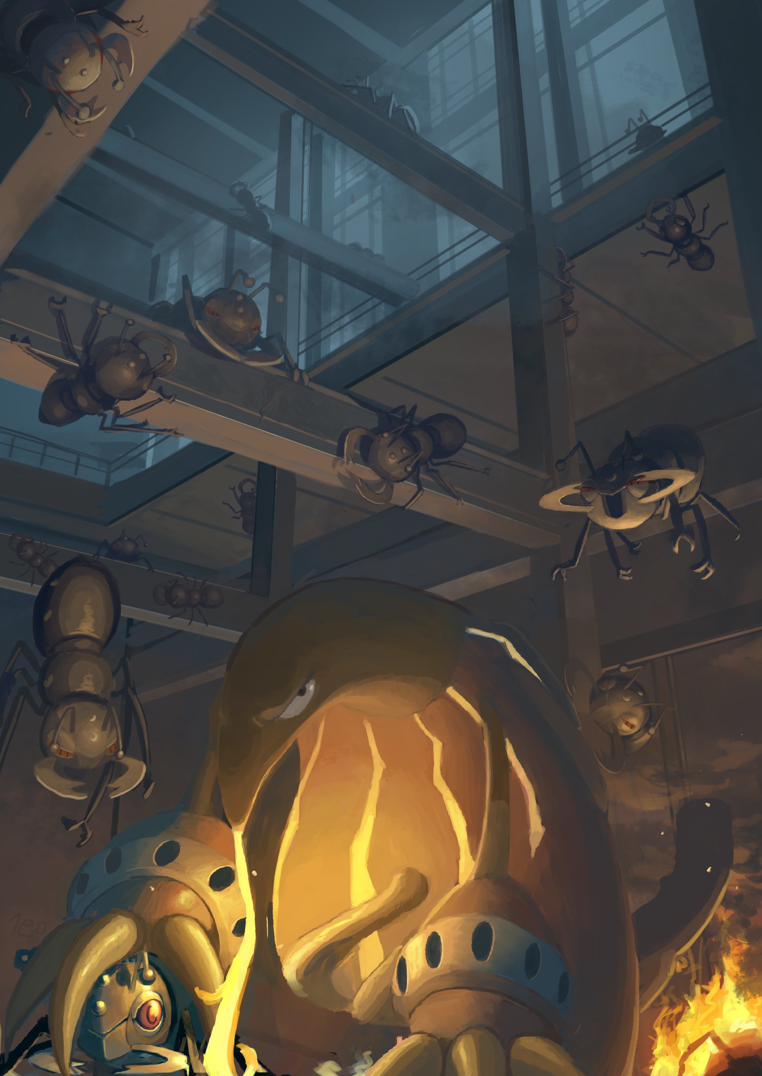 absurdres ant black_eyes bug ceiling claws commentary_request durant fire gen_5_pokemon heatmor highres indoors insect king_joe_(neoroto) nintendo no_humans pokemon pokemon_(creature) sideways_glance window