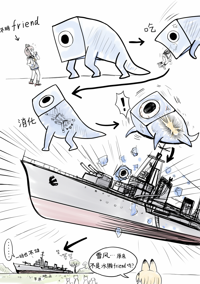 10s 2girls anchor animal_ears comic crossover destroyer emphasis_lines kantai_collection kemono_friends military military_vehicle multiple_girls outdoors serval_(kemono_friends) ship ship_turret short_hair smokestack speech_bubble translated warship watercraft y.ssanoha yukikaze_(destroyer) yukikaze_(kancolle)