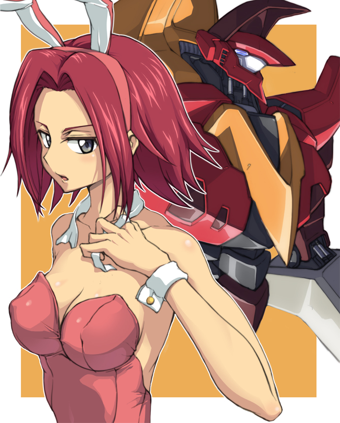 1girl 5yusuke3 animal_ears bare_shoulders border breasts choker cleavage code_geass collarbone covered_erect_nipples fake_animal_ears guren_(code_geass) guren_mk-ii hairband kouzuki_kallen leotard mecha playboy_bunny purple_eyes rabbit_ears red_hair robot wrist_cuffs yuusuke_(5yusuke3)