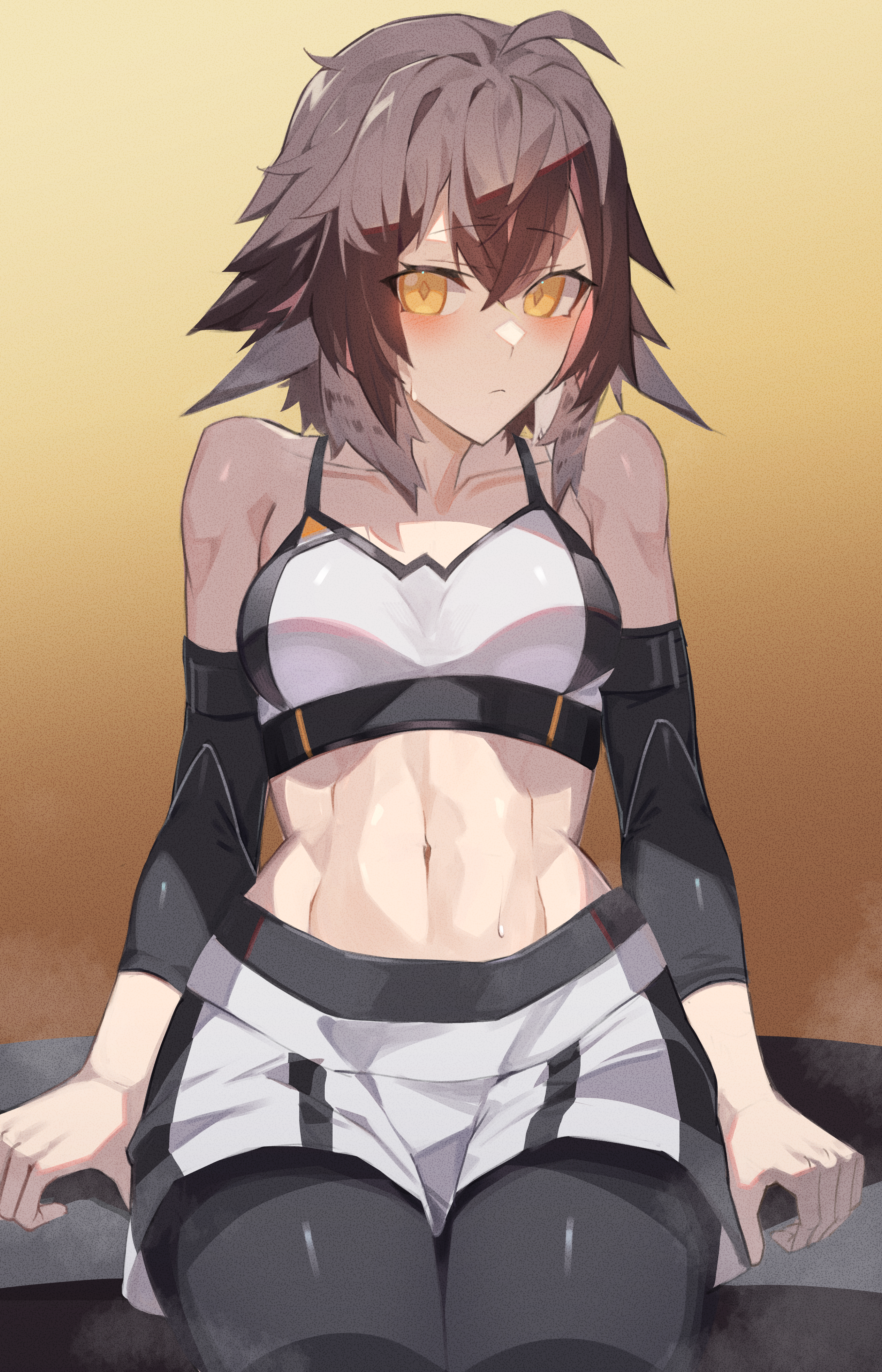 1girl abs absurdres ahoge arknights arm_warmers bench bird_girl black_arm_warmers black_bra black_leggings black_shorts black_sports_bra blush bra breasts brown_hair cleavage closed_mouth collarbone commission commissioner_upload compression_sleeve feather_hair hair_between_eyes highres leggings leggings_under_shorts looking_at_viewer medium_breasts medium_hair midriff multicolored_hair multicolored_sports_bra navel on_bench plume_(arknights) plume_(easy_time)_(arknights) sasa_onigiri shorts sidelocks simple_background sitting skeb_commission solo sports_bra sportswear sweat sweatdrop toned two-tone_hair two-tone_shorts two-tone_sports_bra underwear white_bra white_hair white_shorts white_sports_bra workout_clothes yellow_eyes