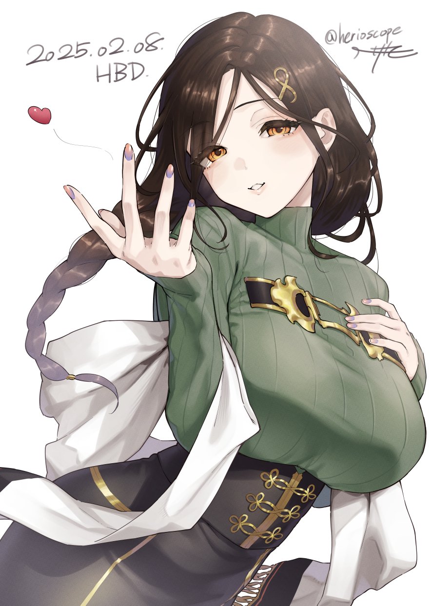 1girl black_corset braid breasts brown_hair corset dated green_sweater hair_ornament hand_on_own_chest happy_birthday hashtag-only_commentary heart herio highres large_breasts long_hair long_sleeves nijisanji orange_eyes outstretched_hand parted_lips pink_nails ribbed_sweater shawl shirayuki_tomoe shirayuki_tomoe_(1st_costume) signature simple_background single_braid smile solo sweater teeth turtleneck turtleneck_sweater twitter_username upper_body virtual_youtuber white_background white_shawl
