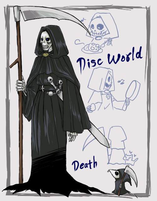 black_sclera blade blue_eyes cape cat chibi chibi_inset colored_sclera death_(discworld) death_of_rats discworld food frying_pan hood mouse_tail ruruku_z scythe skull snout sword tail weapon