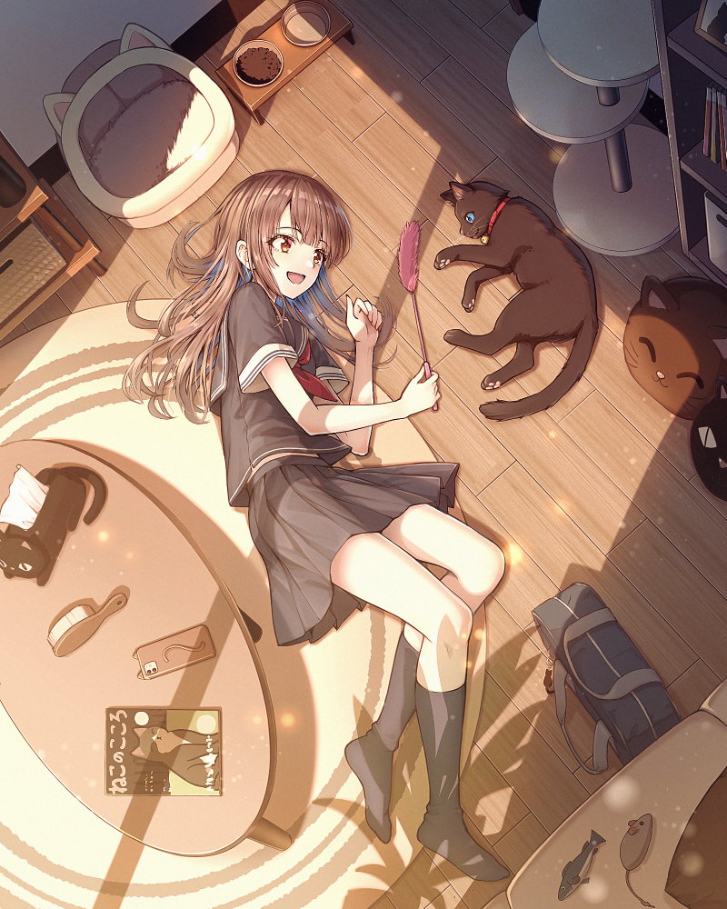 1girl :d bag black_cat black_serafuku black_skirt black_socks blue_hair brown_hair cat cellphone colored_inner_hair eyelashes from_above full_body gradient_hair hair_brush holding indoors legs looking_at_another looking_to_the_side lying macha0331 miniskirt multicolored_hair neckerchief no_shoes on_side open_mouth original phone pleated_skirt red_neckerchief sailor_collar school_bag school_uniform serafuku shadow short_sleeves sidelocks skirt smartphone smile socks stuffed_animal stuffed_cat stuffed_toy table thighs tissue_box wooden_floor