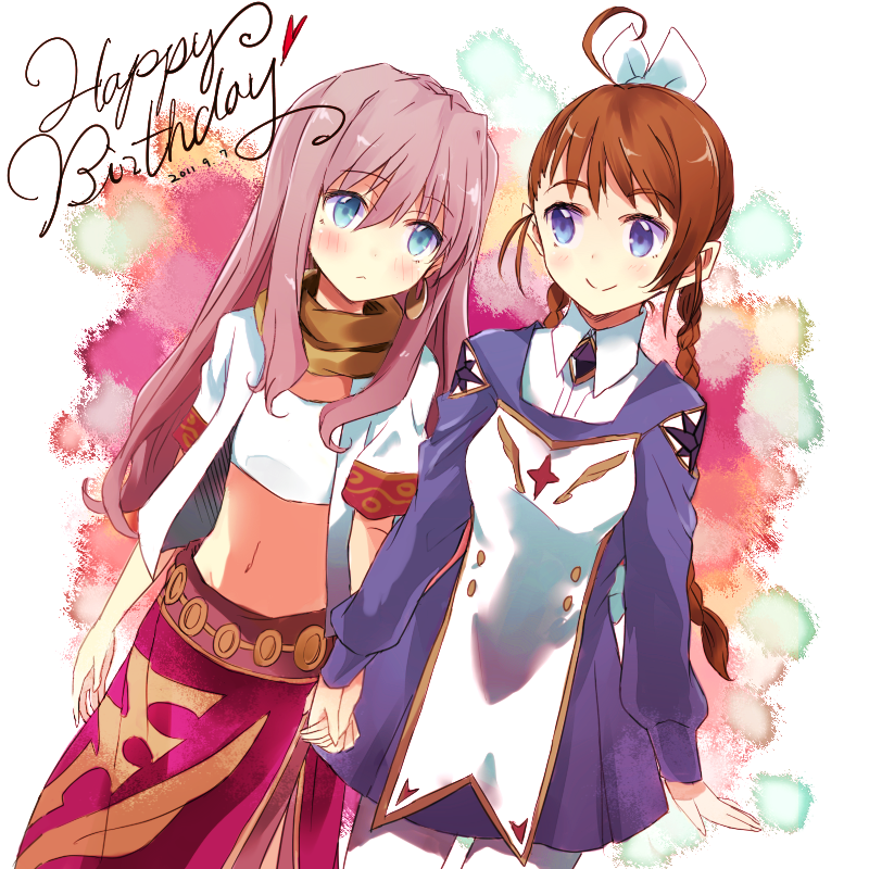 00s 2girls ahoge arika_yumemiya blue_eyes blush braid brown_hair dress female_focus flat_chest holding_hands happy_birthday long_hair maromi_(am97) mashiro_blan_de_windbloom meister_otome_uniform midriff multiple_girls my-hime my-otome navel purple_hair scarf smile strapless sunrise_(company) tube_top twin_braids twintails