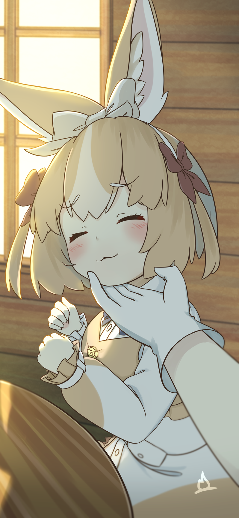 1girl 1other :3 animal_ear_fluff animal_ears blonde_hair blue_ribbon blush bow clenched_hands closed_eyes closed_mouth desk domestic_rabbit_(kemono_friends) dress frilled_vest frills gloves hair_bow head_tilt highres indoors kemono_friends kemono_friends_3 long_sleeves multicolored_hair neck_ribbon onefiresticks rabbit_ears red_bow ribbon scratching_chin short_hair short_twintails smile solo_focus streaked_hair twintails upper_body vest white_bow white_dress white_gloves white_hair window yellow_vest
