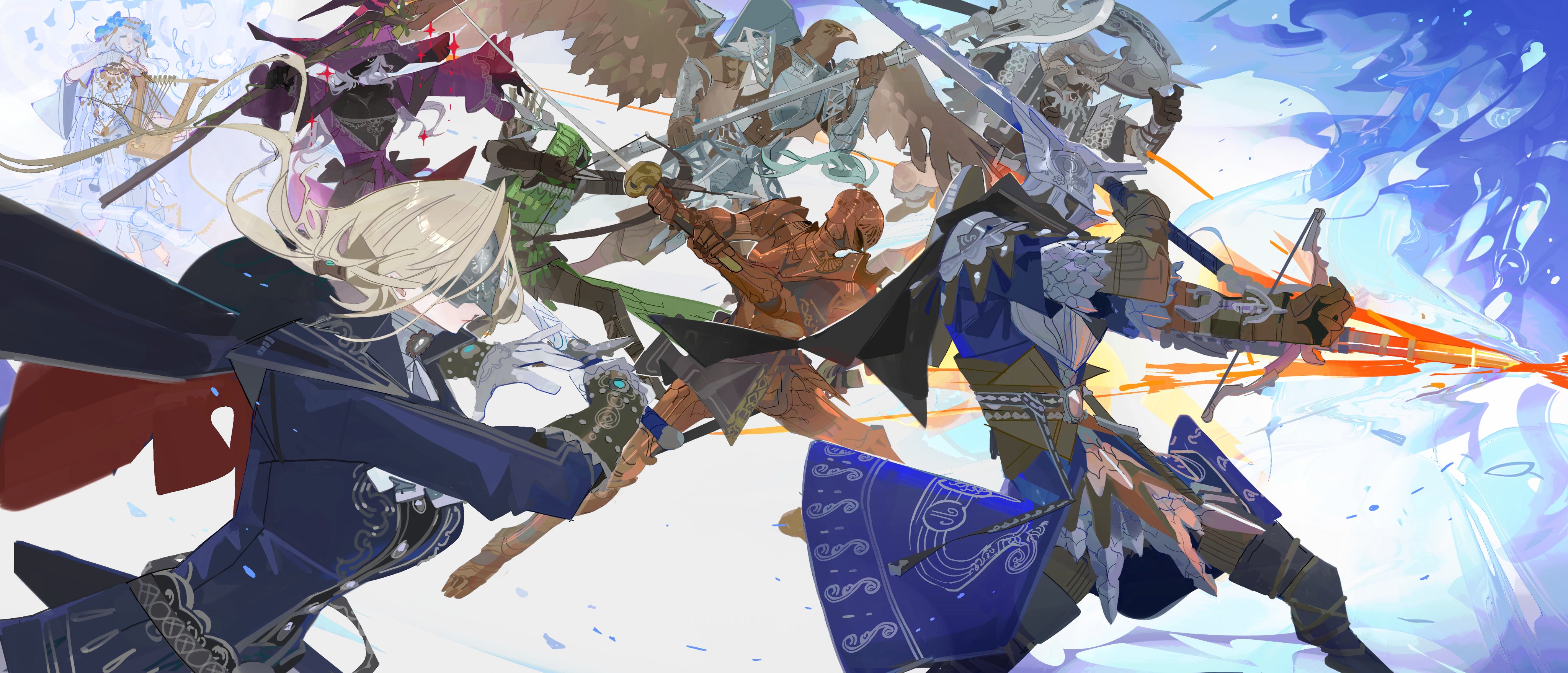 3girls 4others absurdres armor axe bird bird_boy black_cape black_capelet black_gloves black_skin blue_dress blue_surcoat bow_(weapon) brown_armor cape capelet colored_skin commentary dragon_skull dress duchess_(elden_ring) elden_ring elden_ring_nightreign english_commentary executor_(elden_ring) eye_mask full_armor gloves greatsword guardian_(elden_ring) halberd hat hat_over_one_eye hawk helmet highres holding holding_axe holding_bow_(weapon) holding_instrument holding_sword holding_weapon incoming_attack instrument ironeye_(elden_ring) large_hat lyre multiple_girls multiple_others music nslacka playing_instrument polearm purple_dress purple_hat raider_(elden_ring) recluse_(elden_ring) revenant_(elden_ring) scale_armor skull_on_head sword weapon wide_sleeves winged_helmet witch_hat wooden_staff wylder_(elden_ring)