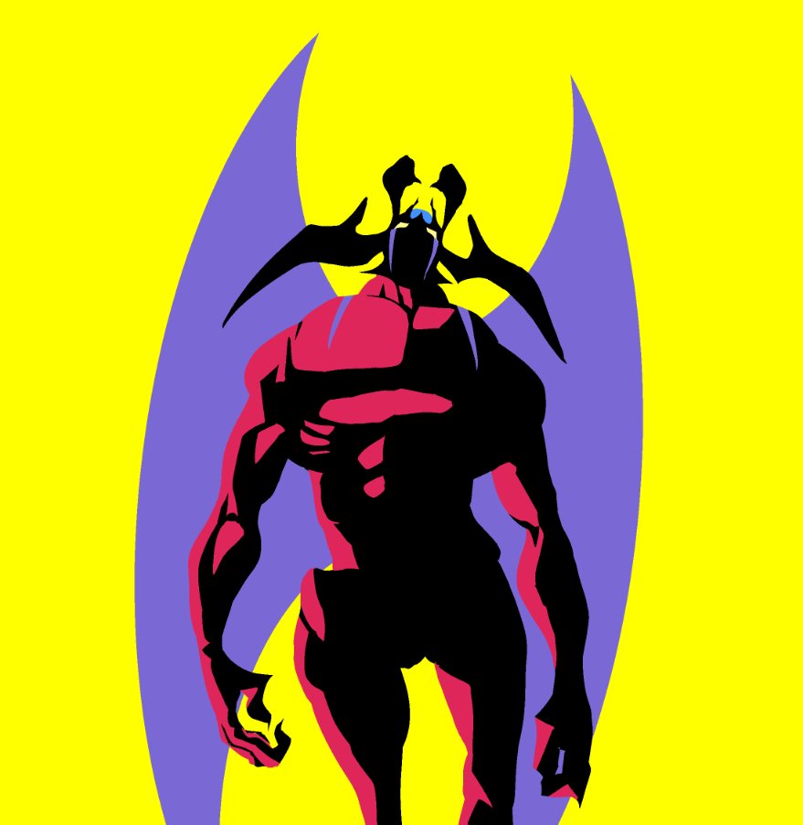 1boy abs bat_wings demon devilman devilman_(character) kawoshiki male_focus muscular muscular_male nude shaded_face solo wings yellow_background