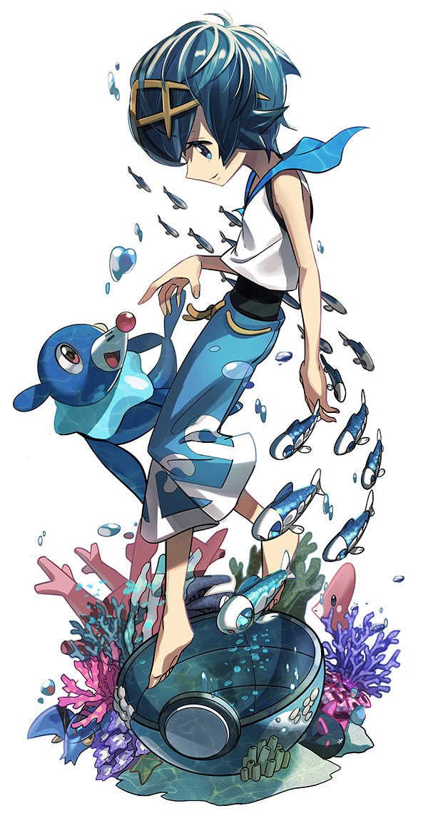 1girl air_bubble artist_request baggy_pants barefoot blue_eyes blue_hair blue_sailor_collar breath bubble capri_pants clauncher coral corsola dive_ball floating freediving gen_2_pokemon gen_3_pokemon gen_6_pokemon gen_7_pokemon hairband lana_(pokemon) luvdisc nintendo pants poke_ball pokemon pokemon_(creature) pokemon_sm popplio pyukumuku sailor_collar shirt short_hair sleeveless smile starfish swimsuit swimsuit_under_clothes trial_captain underwater water wishiwashi wishiwashi_(solo)