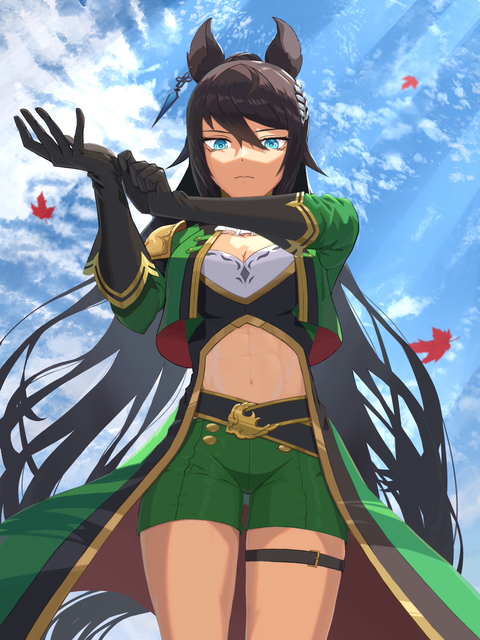 1girl adjusting_clothes adjusting_gloves animal_ears aqua_eyes belt black_gloves black_hair breasts cleavage closed_mouth cloud cowboy_shot cropped_jacket dark-skinned_female dark_skin earrings frown gloves green_jacket green_shorts hands_up highres horse_ears jacket jewelry leaf long_hair looking_at_viewer madori_(madori151) maple_leaf navel ponytail shorts single_earring solo sunlight symboli_kris_s_(umamusume) thigh_strap toned umamusume