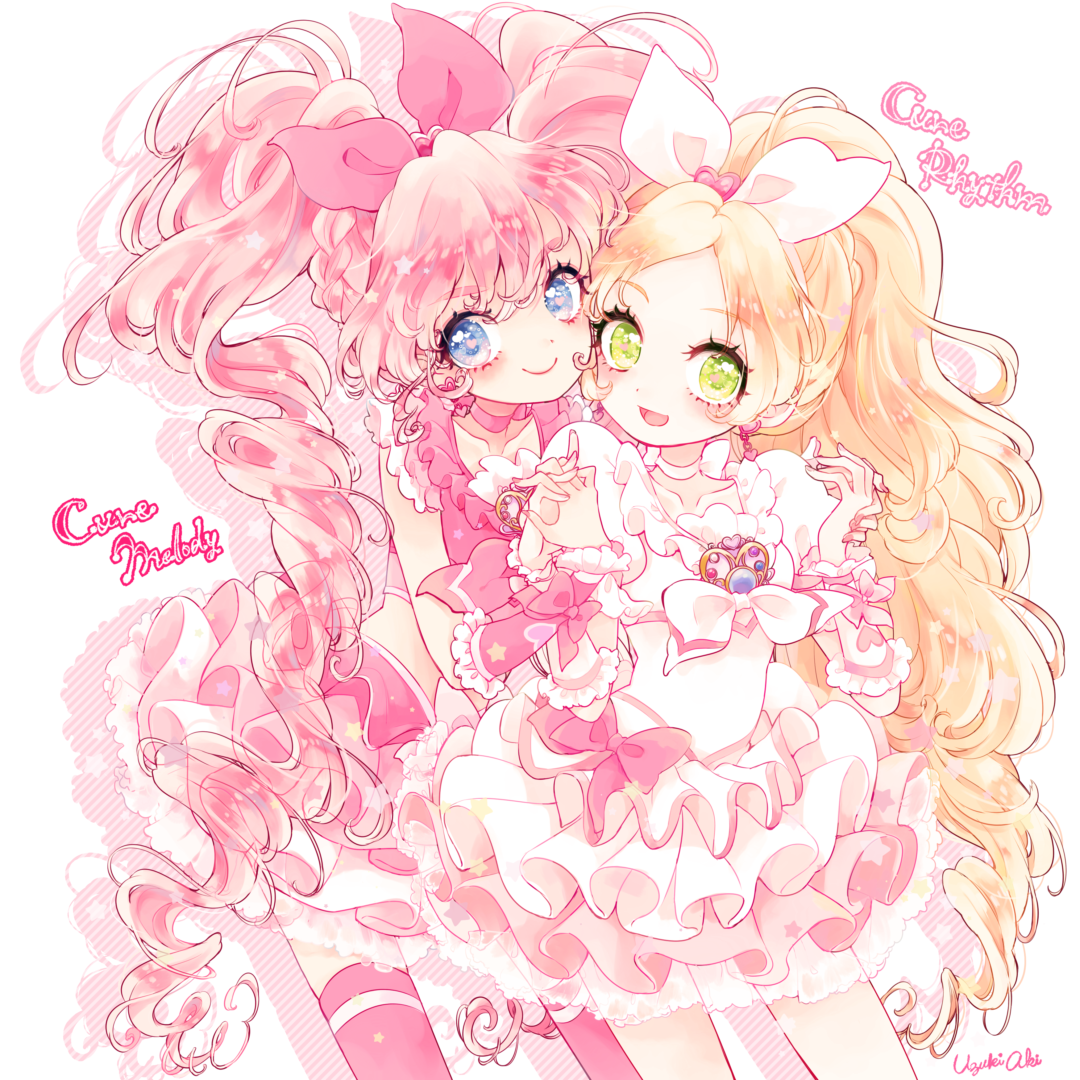 2girls :d absurdres blonde_hair blue_eyes bow brooch character_name choker collarbone cowboy_shot cure_melody cure_rhythm frilled_skirt frills green_eyes hair_bow holding_hands heart heart_in_eye highres houjou_hibiki jewelry long_hair looking_at_viewer minamino_kanade multiple_girls open_mouth pink_bow pink_hair pink_legwear pink_neckwear pink_skirt precure signature simple_background skirt smile suite_precure symbol_in_eye thighhighs twintails uzuki_aki white_background white_bow white_neckwear white_skirt
