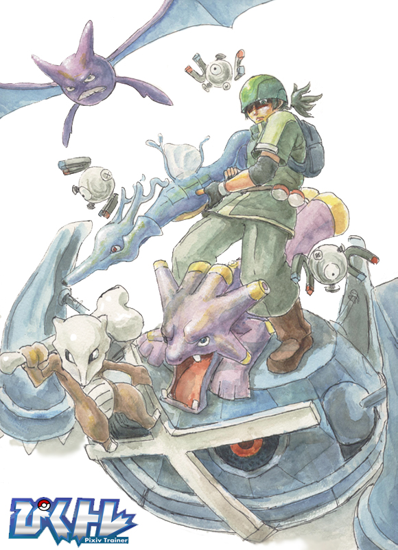artist_request backpack bag bone boots creatures_(company) crobat elbow_pads exploud fingerless_gloves game_freak gen_1_pokemon gen_2_pokemon gen_3_pokemon gloves helmet kingdra magnemite marowak metagross military nintendo pixiv_trainer poke_ball pokemon pokemon_(creature) soldier
