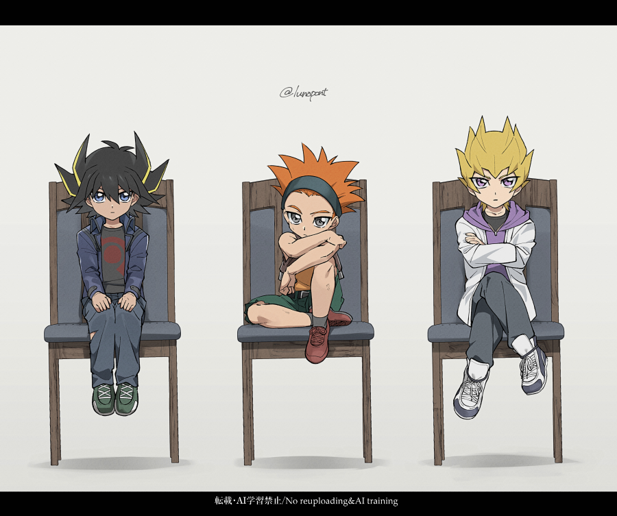 3boys aged_down black_hair black_jacket black_pants black_shirt blonde_hair blue_eyes blue_jacket brown_vest chair child crossed_arms crossed_legs crow_hogan fudo_yusei green_shorts grey_background group_picture hood hood_down hoodie jack_atlas jacket lunapont male_focus medium_hair multicolored_hair multiple_boys on_chair orange_hair orange_shirt pants purple_eyes purple_hoodie shirt short_hair shorts simple_background sitting spiked_hair twitter_username two-tone_hair vest yu-gi-oh! yu-gi-oh!_5d&#039;s