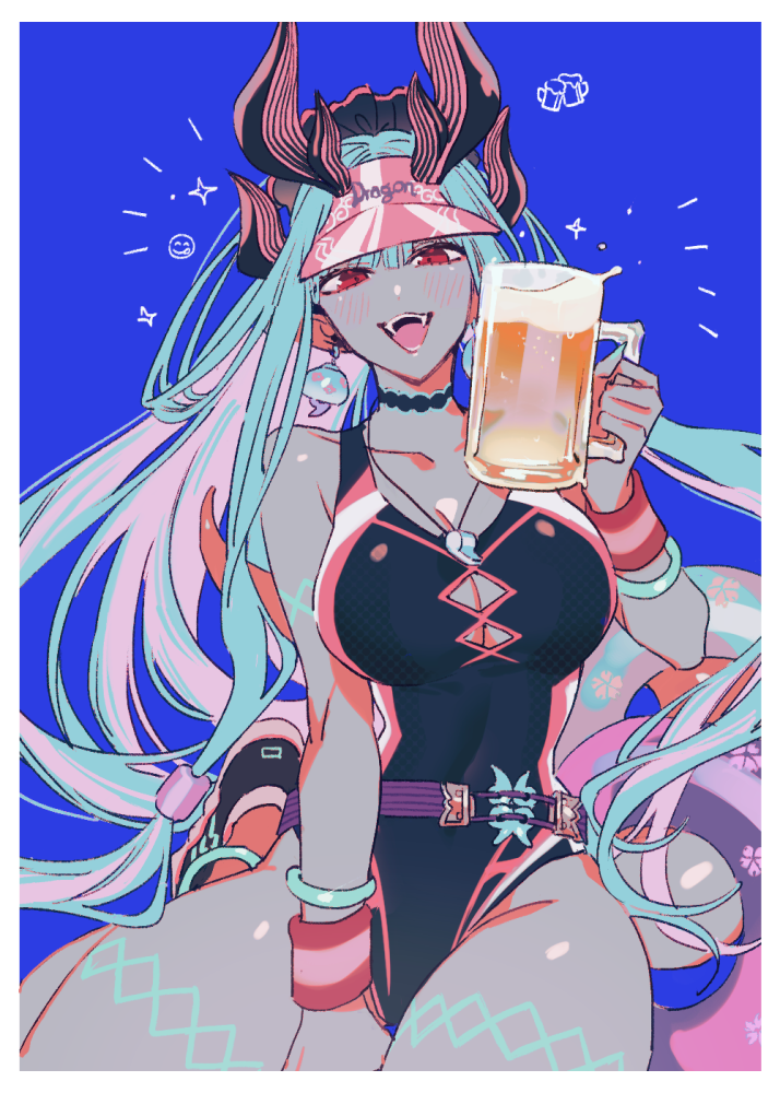 1girl alcohol bare_shoulders beer beer_mug black_one-piece_swimsuit blush body_markings breasts cleavage cup fate/grand_order fate_(series) hat highleg highleg_one-piece_swimsuit horns ibuki_douji_(fate) ibuki_douji_(swimsuit_berserker)_(fate) ibuki_douji_(swimsuit_berserker)_(first_ascension)_(fate) katagiri_(mighty_swing) large_breasts long_hair looking_at_viewer mug one-piece_swimsuit oni open_mouth pink_hat pointy_ears smile solo swimsuit visor_cap