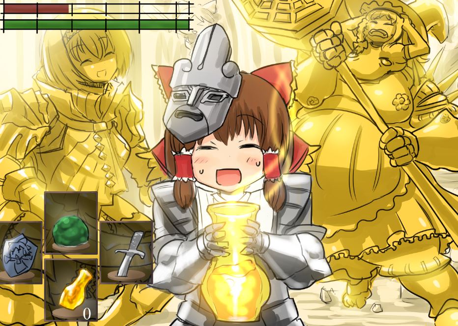 3girls :d alice_margatroid armor blush bow braid breastplate brown_hair chosen_undead closed_eyes commentary_request cookie_(touhou) cosplay cowboy_shot dark_souls_(series) dark_souls_i dragon_slayer_ornstein dragon_slayer_ornstein_(cosplay) estus_flask executioner_smough executioner_smough_(cosplay) frilled_bow frills gold gold_armor hair_bow hairband hakurei_reimu hammer hat health_bar hinase_(cookie) holding holding_hammer kirisame_marisa long_hair mask mask_on_head multiple_girls open_mouth otemoto_(baaaaloooo) red_bow reu_(cookie) sakenomi_(cookie) short_hair side_braid single_braid smile touhou uzuki_(cookie) witch_hat