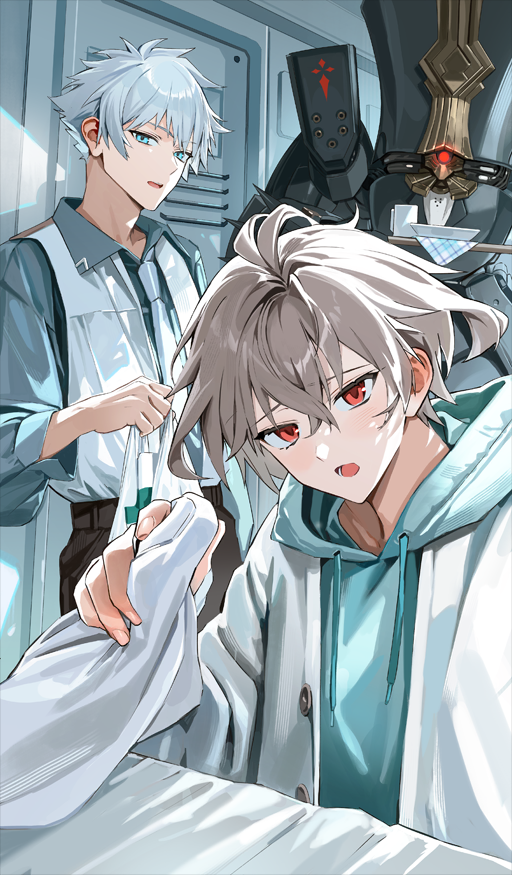 2boys :o aqua_hoodie bag blue_eyes blue_necktie bowl brown_pants buttons chaldea_boys_collection charlemagne_no_montjoie_kishidou! charles-henri_sanson_(fate) charles_babbage_(fate) collared_shirt commentary_request cup drawstring dutch_angle fate/grand_order fate_(series) grey_hair hair_between_eyes holding holding_bag holding_cloth holding_tray hood hood_down hoodie indoors jacket jacket_over_hoodie keki_chogyegi long_sleeves looking_at_viewer male_focus multiple_boys necktie non-humanoid_robot official_alternate_costume official_art open_clothes open_jacket open_mouth pants red_eyes robot shirt short_hair sieg_(fate) third-party_source tray vest white_hair white_jacket white_vest