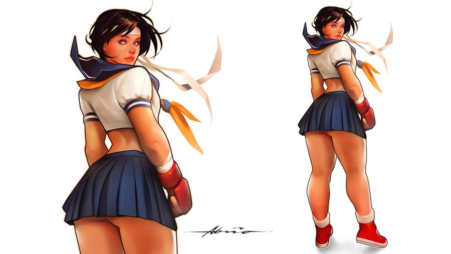 1girl abraaolucas ass brown_hair capcom fingerless_gloves gloves headband kasugano_sakura looking_back midriff shirt shoes skirt street_fighter