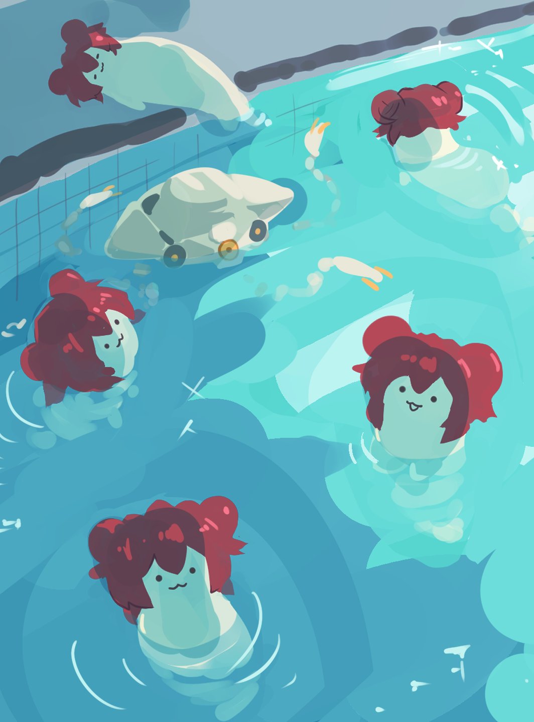 :3 binah_(blue_archive) blue_archive caustics closed_mouth creature damao_(kiwa777) double_bun hair_bun highres nazomaki_(blue_archive) open_mouth pool red_hair robot short_hair solid_oval_eyes water