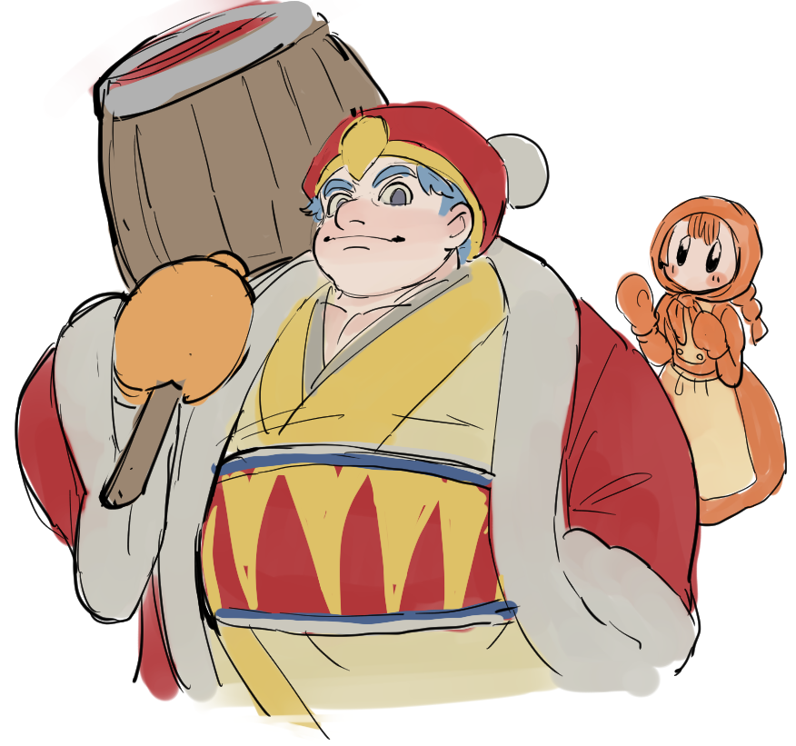 1boy 1girl blue_eyes coat dancho_no_mori dress fat fat_man fur-trimmed_coat fur_trim hammer hand_in_pocket hat holding holding_mallet huge_weapon king_dedede kirby_(series) looking_at_viewer mallet mittens nintendo orange_dress orange_hood orange_mittens over_shoulder personification red_coat red_hat short_hair smile solid_oval_eyes waddle_dee weapon weapon_over_shoulder