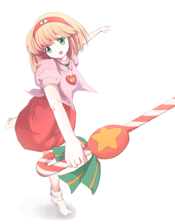 00s 1girl bad_perspective blonde_hair candy candy_cane dai_mahou_touge dancing dress female_focus food full_body gerukazai green_eyes hairband heart jewelry necklace poorly_drawn short_hair smile socks solo tanaka_punie white_socks
