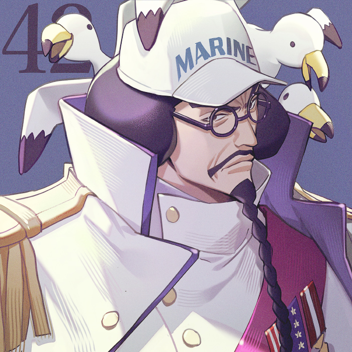 1boy afro baseball_cap beard black_eyes black_hair braid braided_beard closed_mouth coat coat_on_shoulders commentary commentary_request english_commentary english_text epaulettes facial_hair glasses hat jacket long_beard male_focus medal mixed-language_commentary mustache one_piece sengoku_(one_piece) solo uniform white_hat yoshicha