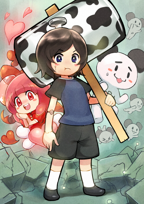 33333_33333 android black_hair blush blush_stickers character_request full_body hammer heart moochasu open_mouth pink_hair purple_eyes raglan_sleeves shirt short_sleeves solo_focus standing t-shirt towelket_wo_mou_ichido