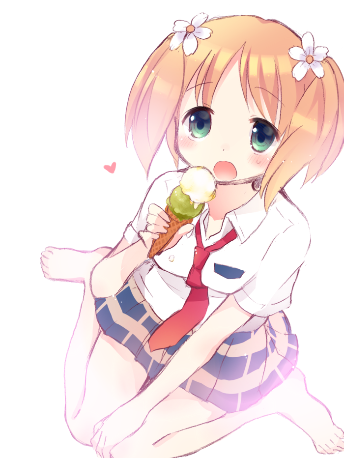 1girl barefoot blush brown_hair dot_nose flower food green_eyes hair_flower hair_ornament heart holding holding_food holding_ice_cream ice_cream necktie open_mouth plaid_clothes plaid_skirt red_necktie sakura_trick school_uniform shirt sitting skirt solo sonoda_yuu tarabagani twintails white_background white_shirt