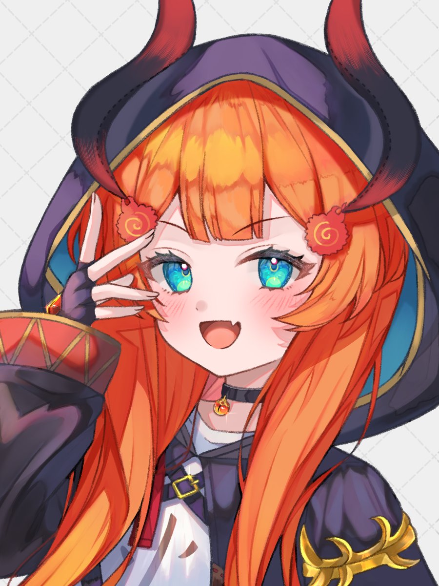 1girl :d armlet black_choker blue_eyes blush center-flap_bangs choker commentary commission dotted_line double-parted_bangs english_commentary fake_horns fang fingerless_gloves fingernails gem glint gloves gold_armlet grid_background hair_ornament hair_over_shoulder hand_up head_tilt highres hitsugi_miki hood hood_up hooded_robe horned_hood horns jewelry long_hair long_sleeves looking_at_viewer miki_hitsugi open_clothes open_mouth open_robe orange_gemstone orange_hair pendant_choker portrait print_shirt purple_gloves purple_robe red_trim robe second-party_source setani_neco shirt simple_background skeb_commission skin_fang smile solo specialite_(company) specialite_en thick_eyelashes two-sided_fabric two-sided_robe v-shaped_eyebrows virtual_youtuber white_background white_shirt