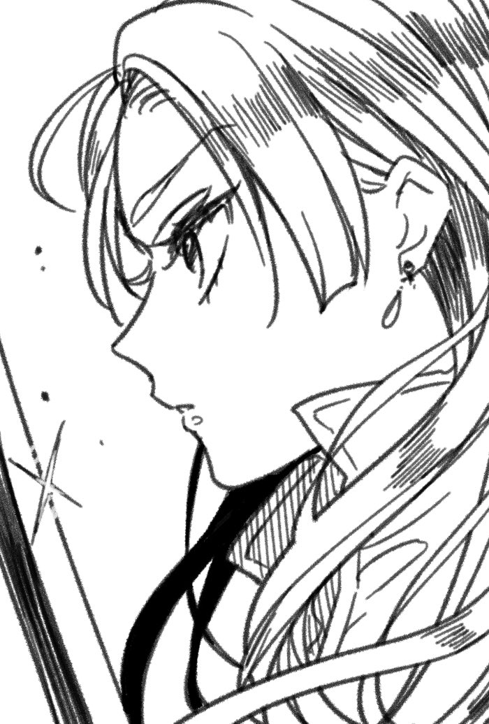 1girl chris_lightfellow closed_mouth earrings from_side gensou_suikoden gensou_suikoden_iii greyscale jewelry long_hair looking_to_the_side monochrome ruki_gnsi simple_background single_earring solo sword weapon white_background