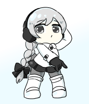 1girl arm_behind_head arm_up black_bow black_gloves black_skirt boots bow braid buttons chibi chibi_only collared_jacket earmuffs full_body gloves gradient_background grey_eyes grey_hair grey_pantyhose hair_bow jacket legs_apart long_hair long_sleeves lowres miniskirt no_nose pantyhose pleated_skirt saruyama_ushirou sekka_yufu single_braid skirt solo standing utau white_boots white_jacket