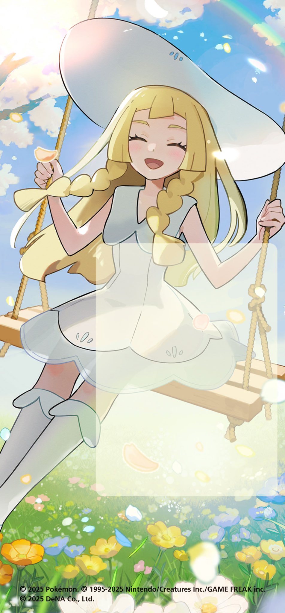 1girl :d blonde_hair closed_eyes cloud collared_dress commentary_request day dress eyelashes flower grass happy hat highres holding lillie_(pokemon) long_hair mizutani_megumi nintendo official_art on_swing open_mouth outdoors pokemon pokemon_sm pokemon_tcg pokemon_tcg_pocket rainbow sitting sky sleeveless sleeveless_dress smile socks solo sun_hat swing watermark